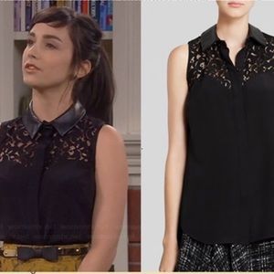 Milly of New York Black Sleeveless Lace-Detail Blouse with Faux Leather Collar